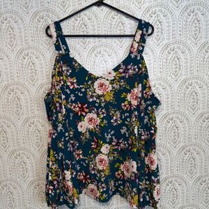 Torrid Teal Floral Cold Shoulder Top V-Neck Long Sleeve Blouse Size 3 Plus 3X‎